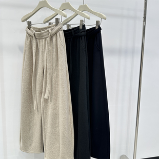 抽绳设计深灰色糯米裤 女秋冬松紧腰宽松阔腿毛巾绒加厚弯刀休闲裤