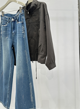 泼墨做旧银漆美式阔腿牛仔裤女春季个性时髦宽松休闲慵懒直筒长裤