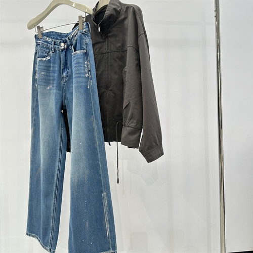 泼墨做旧银漆美式阔腿牛仔裤女春季个性时髦宽松休闲慵懒直筒长裤