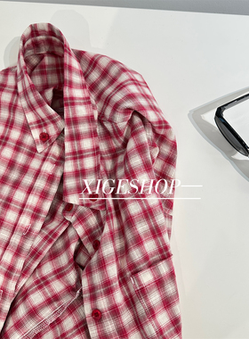 红色格纹长袖衬衫女秋季爆款薄外套法式宽松荃棉休闲显白格子衬衣