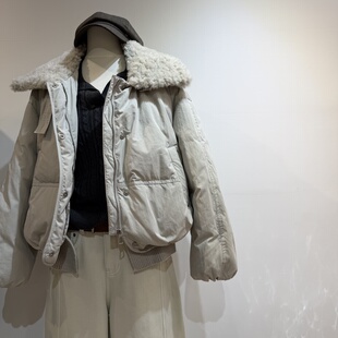 巴恩风拼接羊羔毛翻领派克羽绒服女加厚90白鸭绒宽松休闲短外套冬