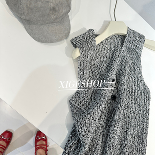 气质通勤优雅直身花纱针织马甲女显瘦V领系扣无袖上衣马夹外穿秋