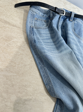 26早春blingbling重工烫钻直筒牛仔裤女复古水洗浅蓝色高腰阔腿裤