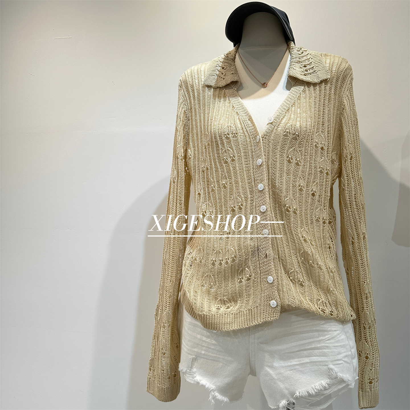 法式慵懒Polo领镂空针织开衫女夏气质高级感修身防晒长袖上衣早秋