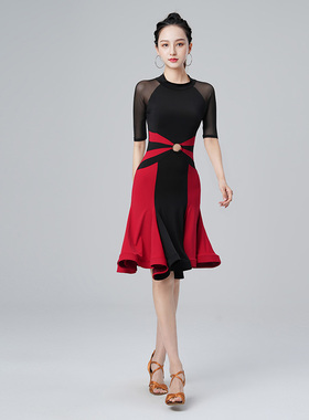 新款拉丁舞裙性感伦巴摩登舞长袖连衣裙演出比赛恰恰舞蹈练功裙子