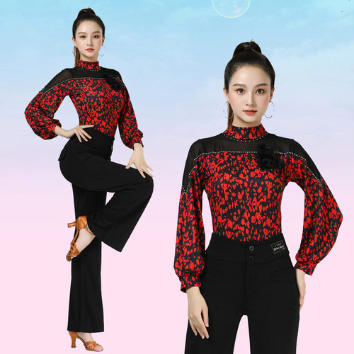 摩登舞上衣新款长袖烫钻跳舞服女