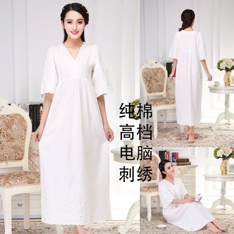 超长款白色长裙宫廷睡裙女公主复古欧美仙长纯棉半袖中袖高腰睡衣