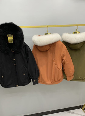 短款派克服女真皮真毛内胆可拆卸