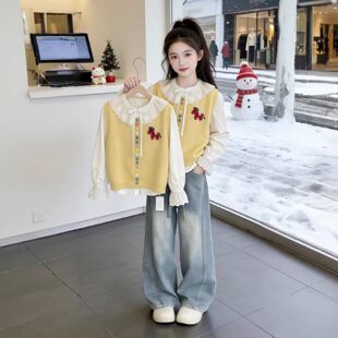儿童花边2026女孩套装新款衬衫女童洋气马甲春秋季春装三件套针织