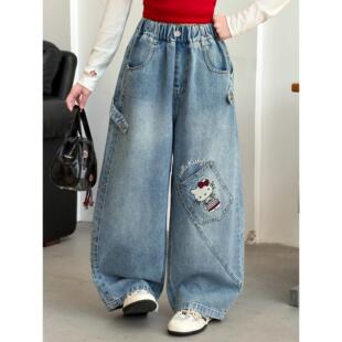 裤子牛仔裤阔腿裤儿童女童春秋春装刺绣猫咪洋气新款时髦女孩2026