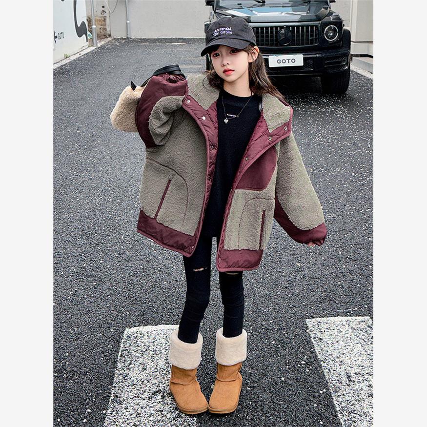 女童外套秋冬款2025新款洋气中大童冬装拼接夹棉连帽羊羔绒毛毛衣