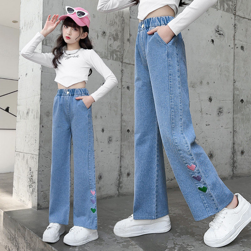 直筒春秋春季女孩浅色裤子休闲薄款牛仔裤儿童女童中阔腿裤大洋气