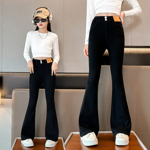 女童弹力款牛仔裤喇叭裤儿童2026新款好看加绒黑色秋冬超裤子女孩