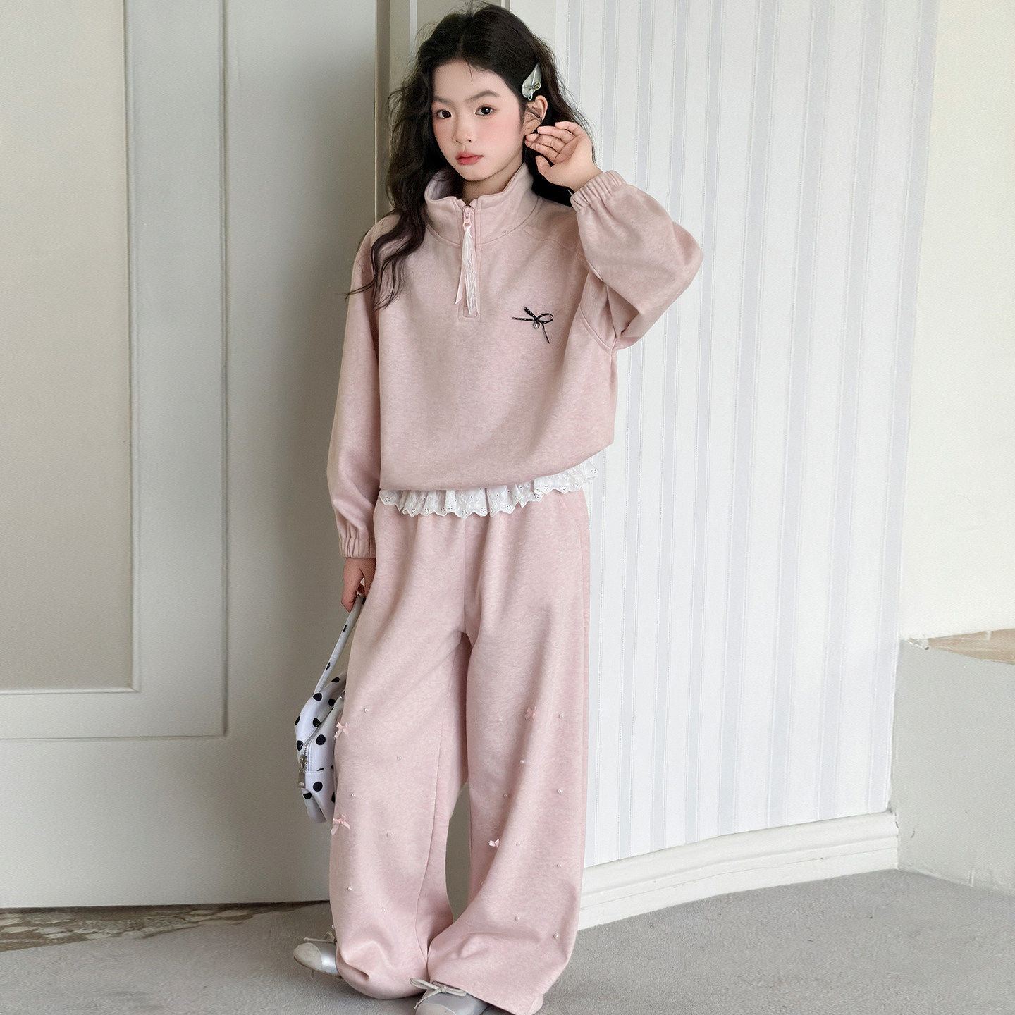 阔腿裤中大童蝴蝶结半女童新款两件套潮卫衣休闲套装2026春季拉链