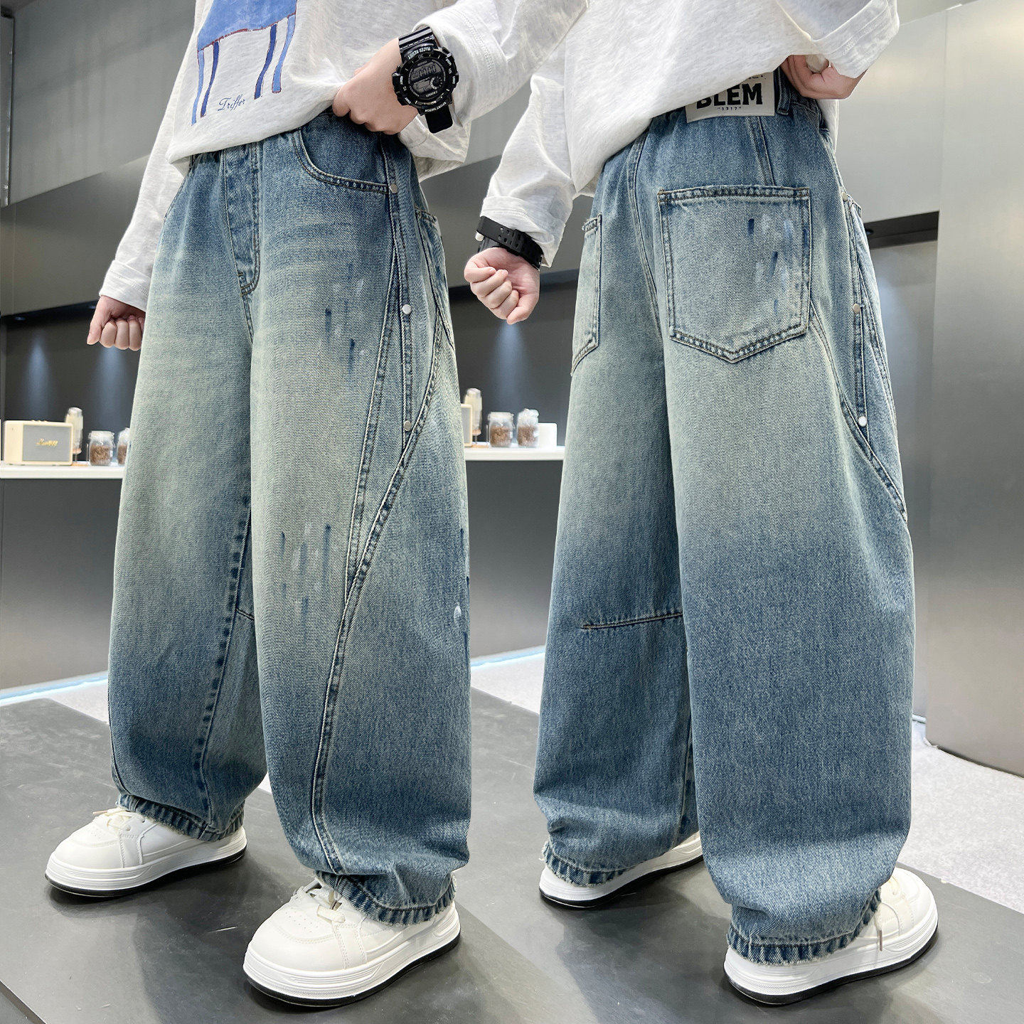 中大童新款长裤男孩2026童装春秋潮帅牛仔裤阔腿男童拼接儿童宽松