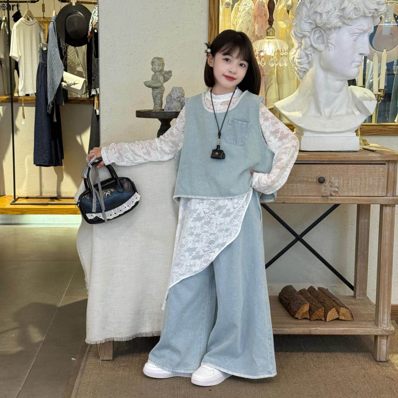 裙韩系马甲儿童新款文艺牛仔穿套装2025阔腿裤秋装叠日系蕾丝女童