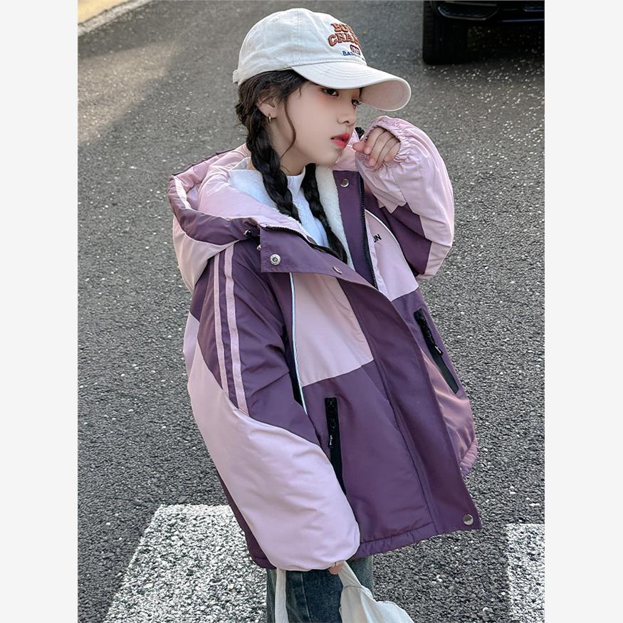 女童秋冬加绒冲锋衣中大童韩版拼接连帽派克服冬装小女孩加厚外套