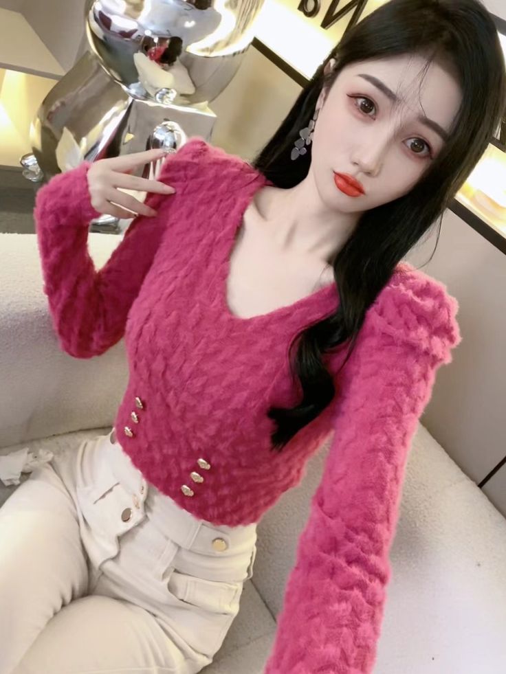 纯欲风V领蕾丝衫女2025秋季新款修身显瘦泡泡袖短款百搭长袖上衣