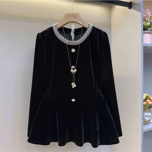 2025秋季新款时尚百搭显瘦大码女装胖妹妹丝绒串珠长袖T恤上衣潮