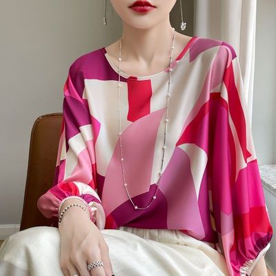 重磅真丝桑蚕丝衬衫女七分灯笼袖宽松慵懒风漂亮抽象印花圆领上衣
