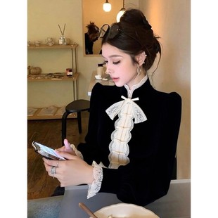 新中式国风黑色丝绒衬衫女秋冬季内搭巨好看独特漂亮气质掐腰上衣