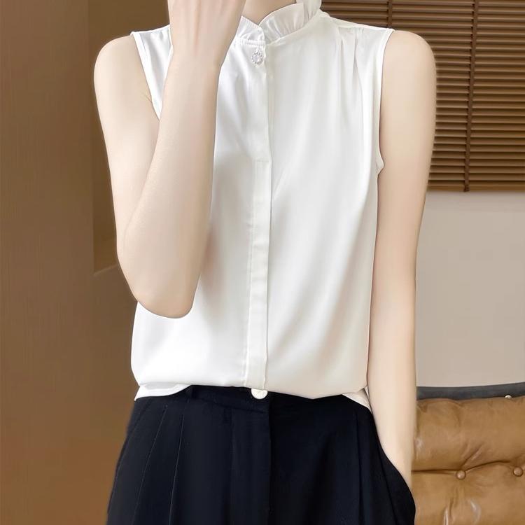 法式无袖木耳领打底2025秋季新款内搭缎面荷叶衬衫上衣高级感背心