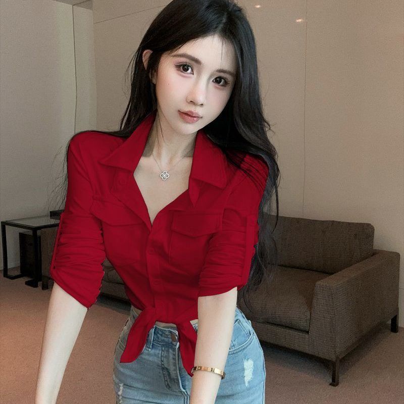 早秋新款POLO领小众设计感长袖可中袖T恤修身辣妹性感短款衬衣女