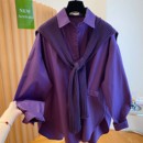 女装 高级感春秋新款 衬衫 宽松披肩长袖 翻领百搭设计拼接外套潮 大码