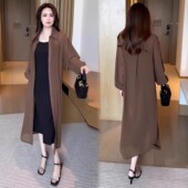 女2025夏季 薄款 新款 气质百搭长袖 过膝上衣 时髦洋气中长款 防晒衬衫