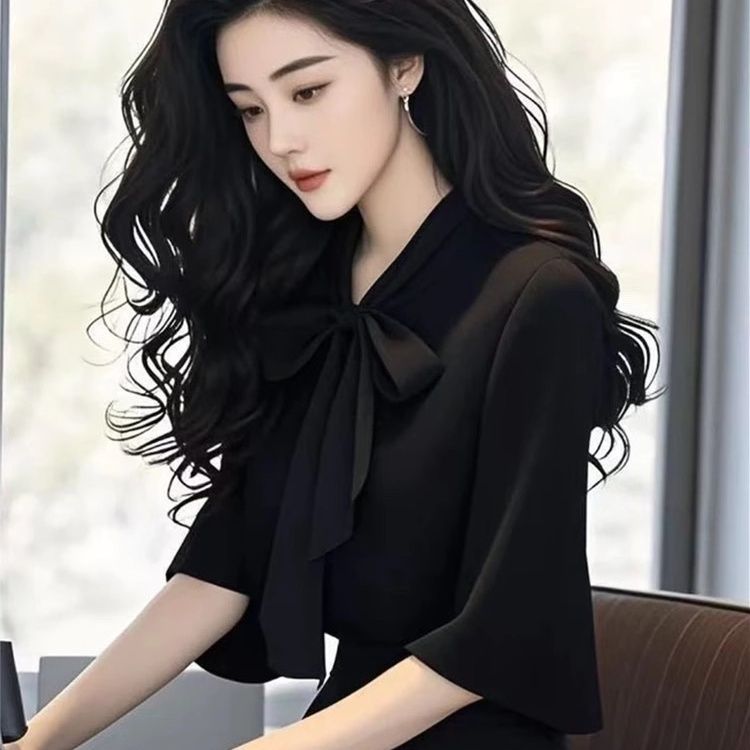 桑蚕丝红色蝴蝶结系带中袖衬衫女法式高级感衬衣轻奢洋气真丝上衣