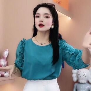 雪纺衬衫女七分袖韩版宽松秋季2025新款垂坠感小个子显瘦减龄上衣