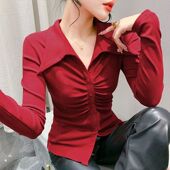 时尚 女 显瘦打底衫 POLO领T恤女长袖 欧货洋气褶皱翻领上衣修身