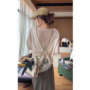 后背扭结蕾丝拼接防晒衣长袖t恤女2026夏季新款宽松薄款罩衫上衣