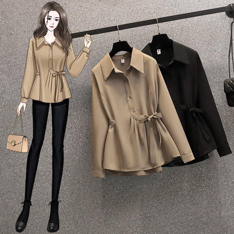 洋气百搭绑带显瘦衬衫女2025新款秋季大码女装胖妹妹遮肉减龄上衣