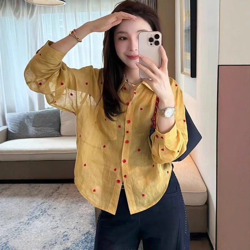 爱心印花长袖衬衫女夏季2025新款洋气减龄雪纺上衣大码宽松防晒衣,女装/女士精品,衬衫,淘宝优惠券,粉丝福利购,淘宝优惠卷