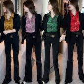 黑色上衣女2025拼接印花衬衫 假两件开衫 妈妈装 长袖 女百搭洋气秋款