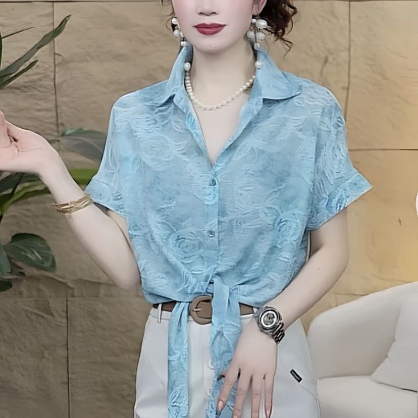2025夏季新款时尚印花衬衫领短袖T恤衫D立体上衣衬衣减龄宽松女装