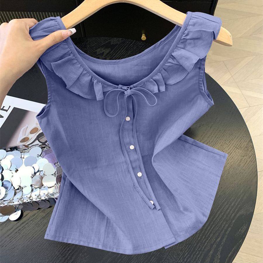 法式木耳边领棉麻背心衬衫女夏季新款小个子减龄系带无袖薄款上衣