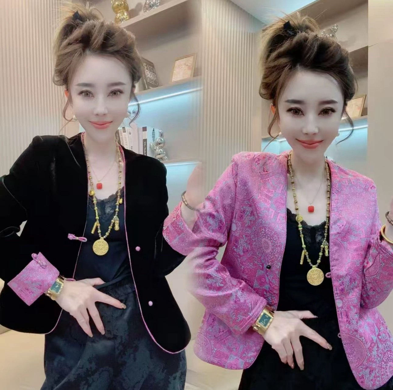 新中式国风盘扣丝绒真丝提花双面穿宽松短外套女2025春秋唐装上衣