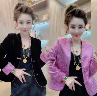 新中式国风盘扣丝绒真丝提花双面穿宽松短外套女2025春秋唐装上衣