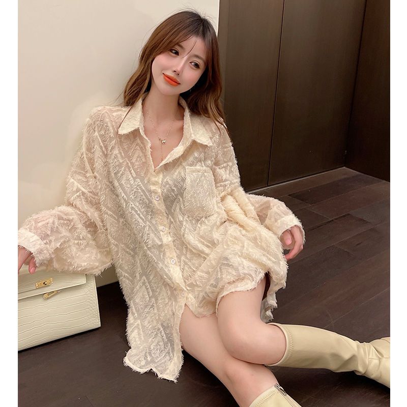 特大码300斤胖妹妹中长款蕾丝衬衫女透视长袖开衫防晒服上衣外套