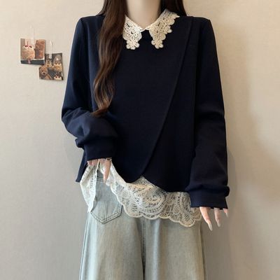 超好看蕾丝Polo领长袖藏蓝色卫衣女2025秋季大码微胖mm假两件上衣
