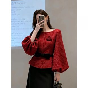 新年战袍红色灯笼袖收腰上衣冬季新款名媛气质圣诞新年小香风外套