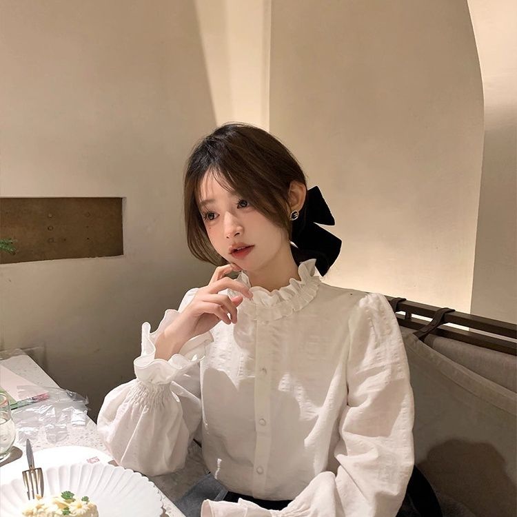 木耳边花边白色衬衫女装新款早春小香风上衣叠穿内搭打底衬衣秋冬