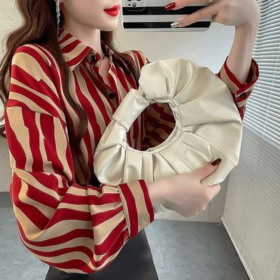 红色条纹衬衫女2025春秋新款法式高级设计感小众上衣气质打底衬衣