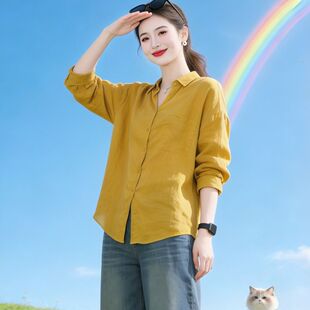 老钱风落日黄中长款POLO领亚麻衬衫上衣女士2026春夏季新款衬衣