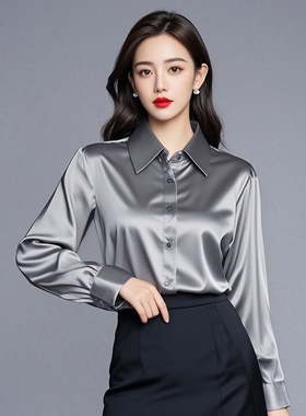 高级感气质职业醋酸缎面灰色衬衫女长袖春秋丝滑垂感打底衬衣