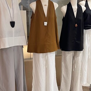 气质v领挂脖背心女夏季高级老钱风宽松上衣削肩法式无袖衬衫女装