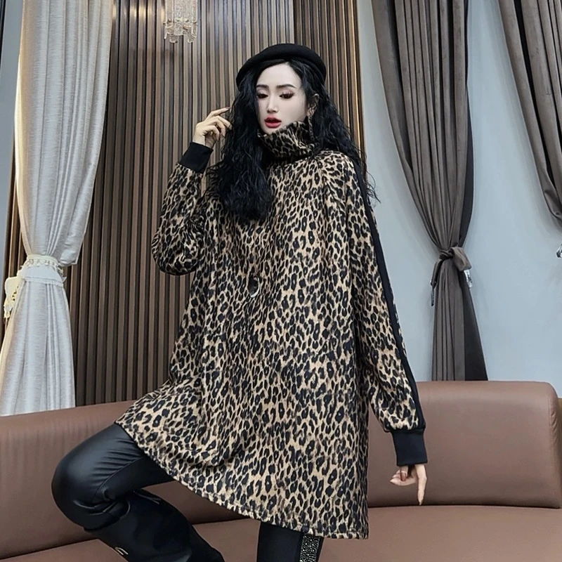 秋季新款磨绒豹纹打底衫T恤女时尚高领修身欧货洋气上衣T恤-9038