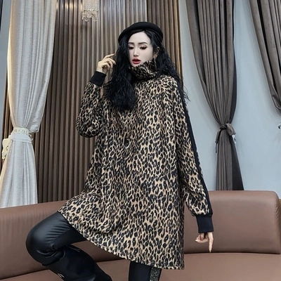 秋季新款磨绒豹纹打底衫T恤女时尚高领修身欧货洋气上衣T恤-9038